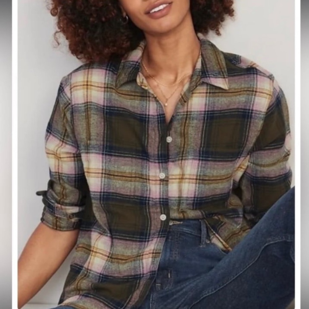 Old Navy Women’s Cropped Flannel Boyfriend Shirt In Olive and Pink Size 2X